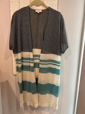 LOFT Open-Front Striped Long Cardigan-Duster in Black, Cream & Teal